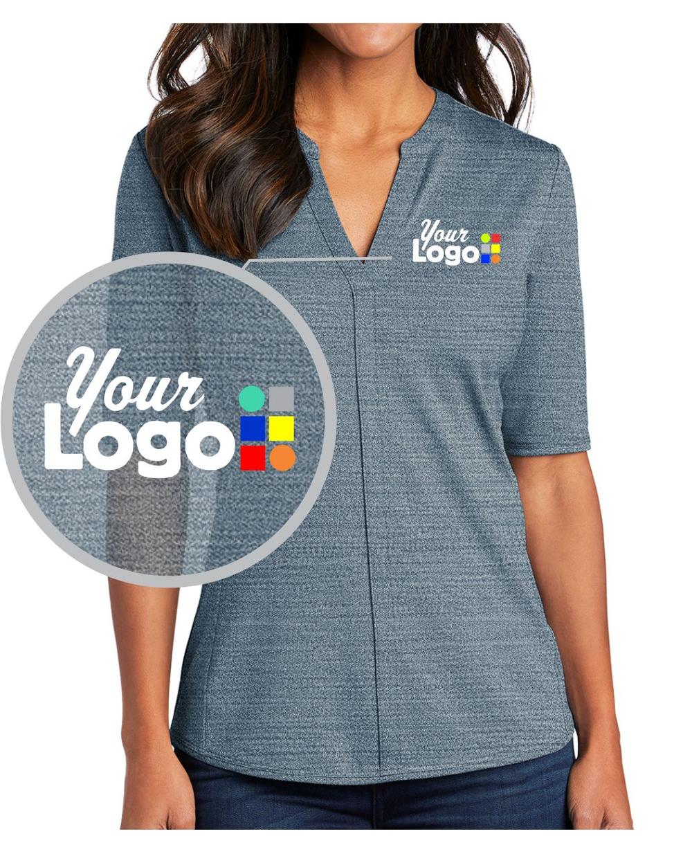 Port Authority S/S Stretch Heather Open Neck Top Custom Golf Shirt, color: Regatta Blue/Gusty Grey