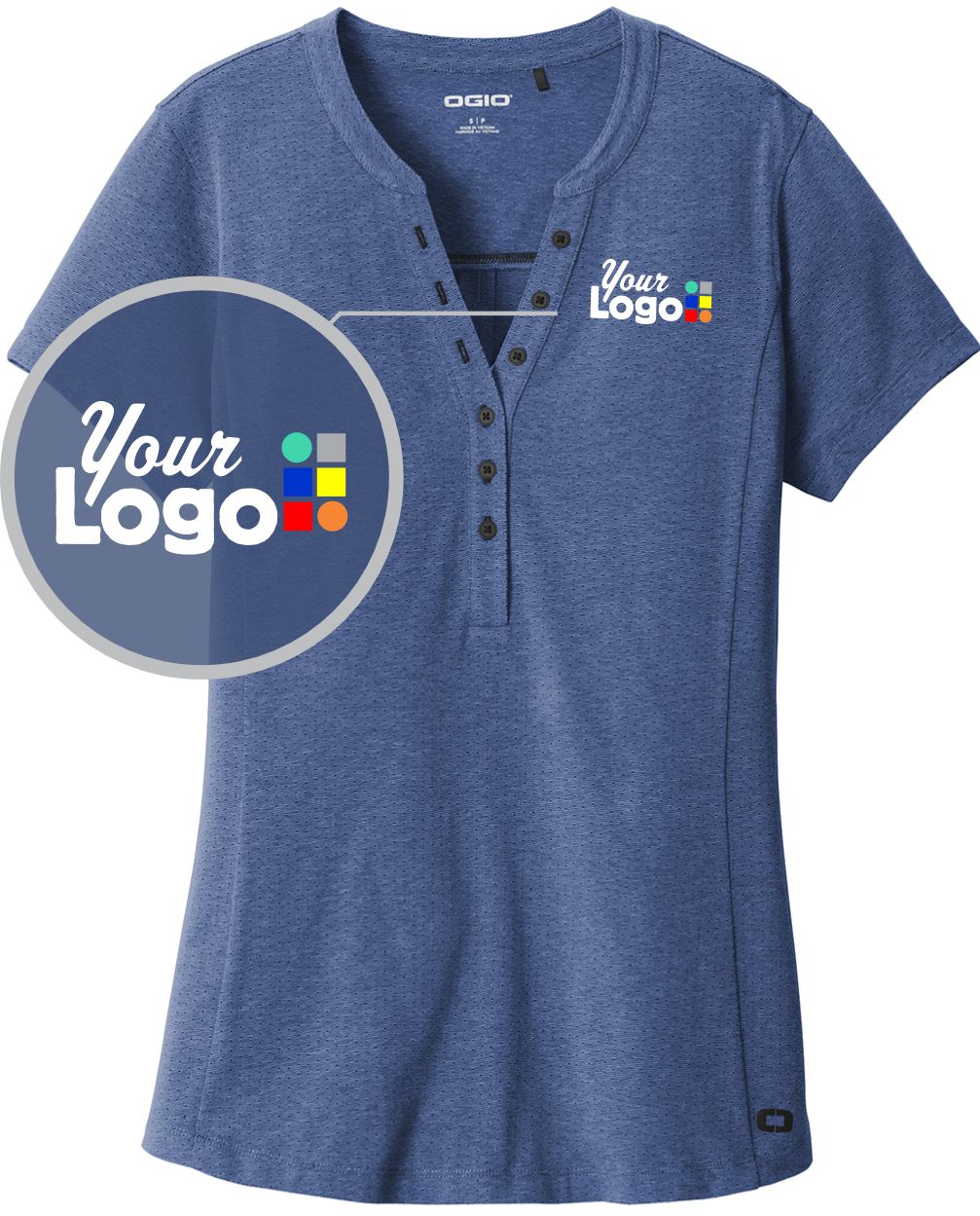 Ogio S/S Tread Henley-style Custom Golf Shirt, color: Blue Heather