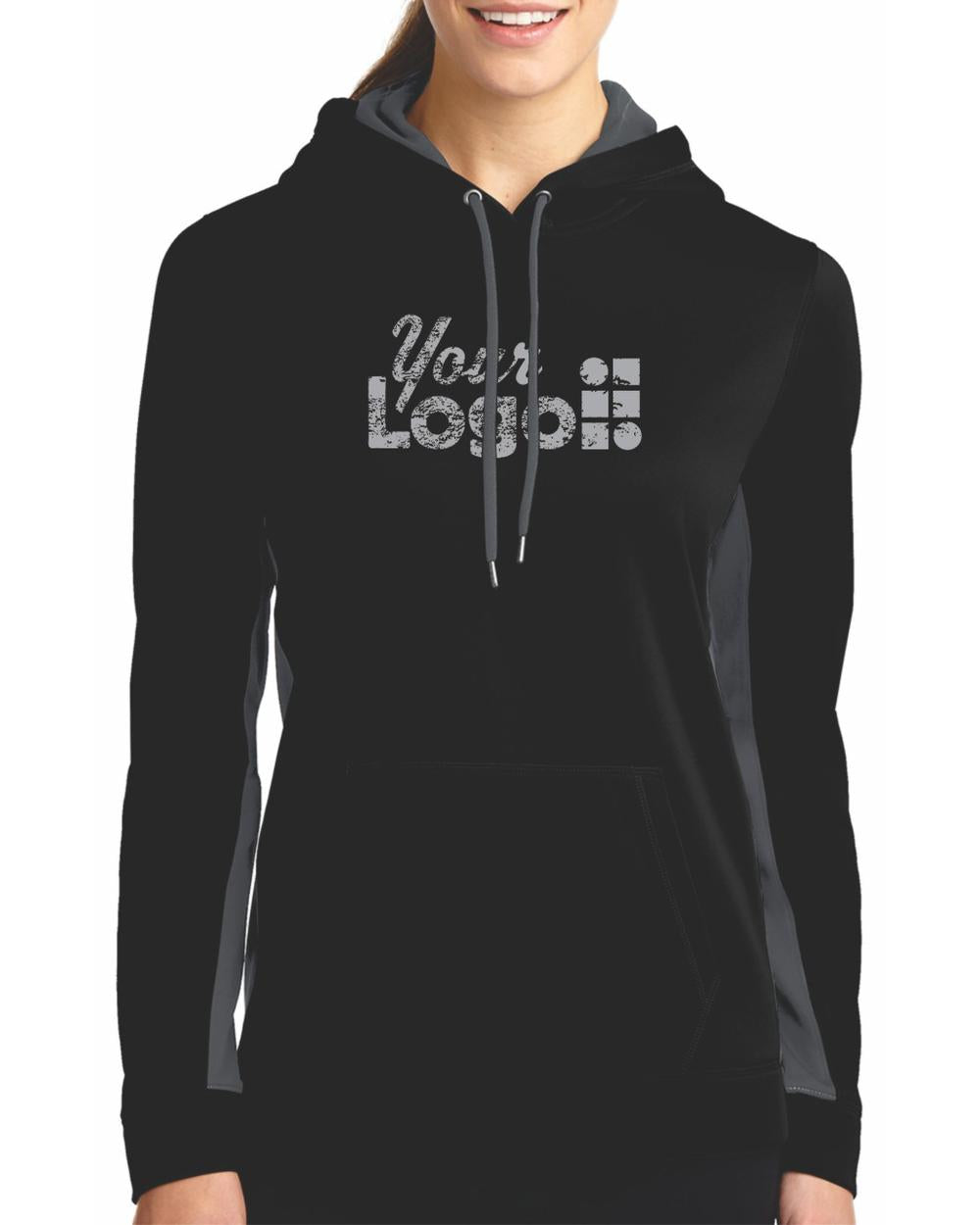 Sport-Tek ColorBlock Custom Hoodie, color: Black/Dark Smoke Grey