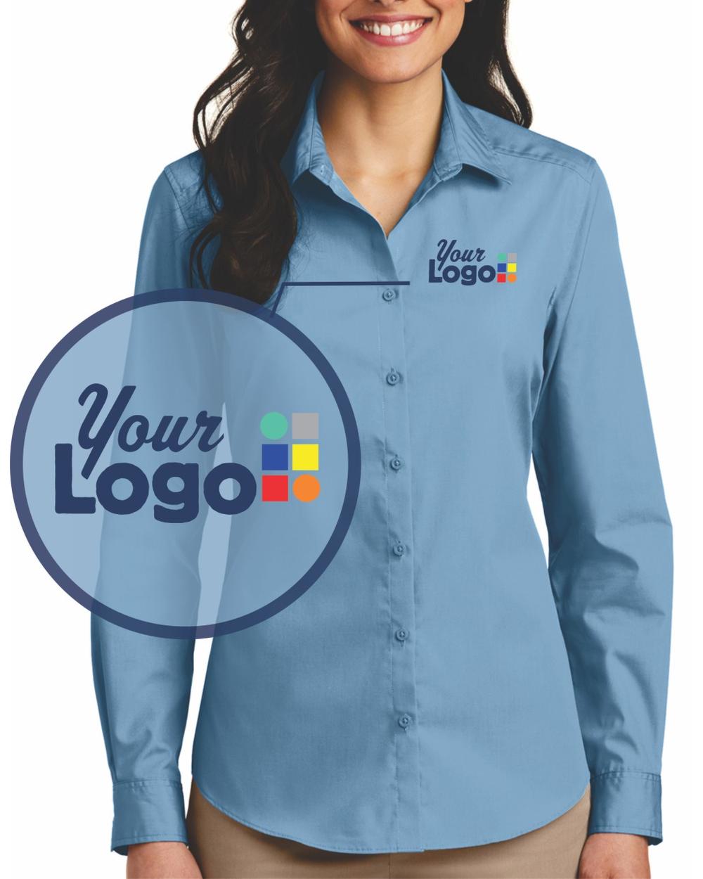 Port Authority Women's L/S Carefree Poplin Custom Shirt, color: Carolina Blue