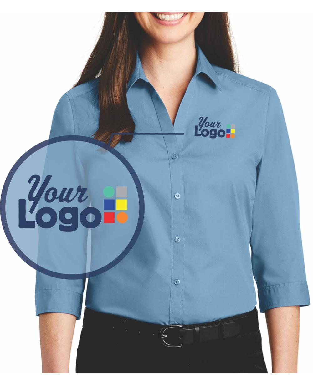 Port Authority Women's 3/4 Carefree Poplin Custom Shirt, color: Carolina Blue