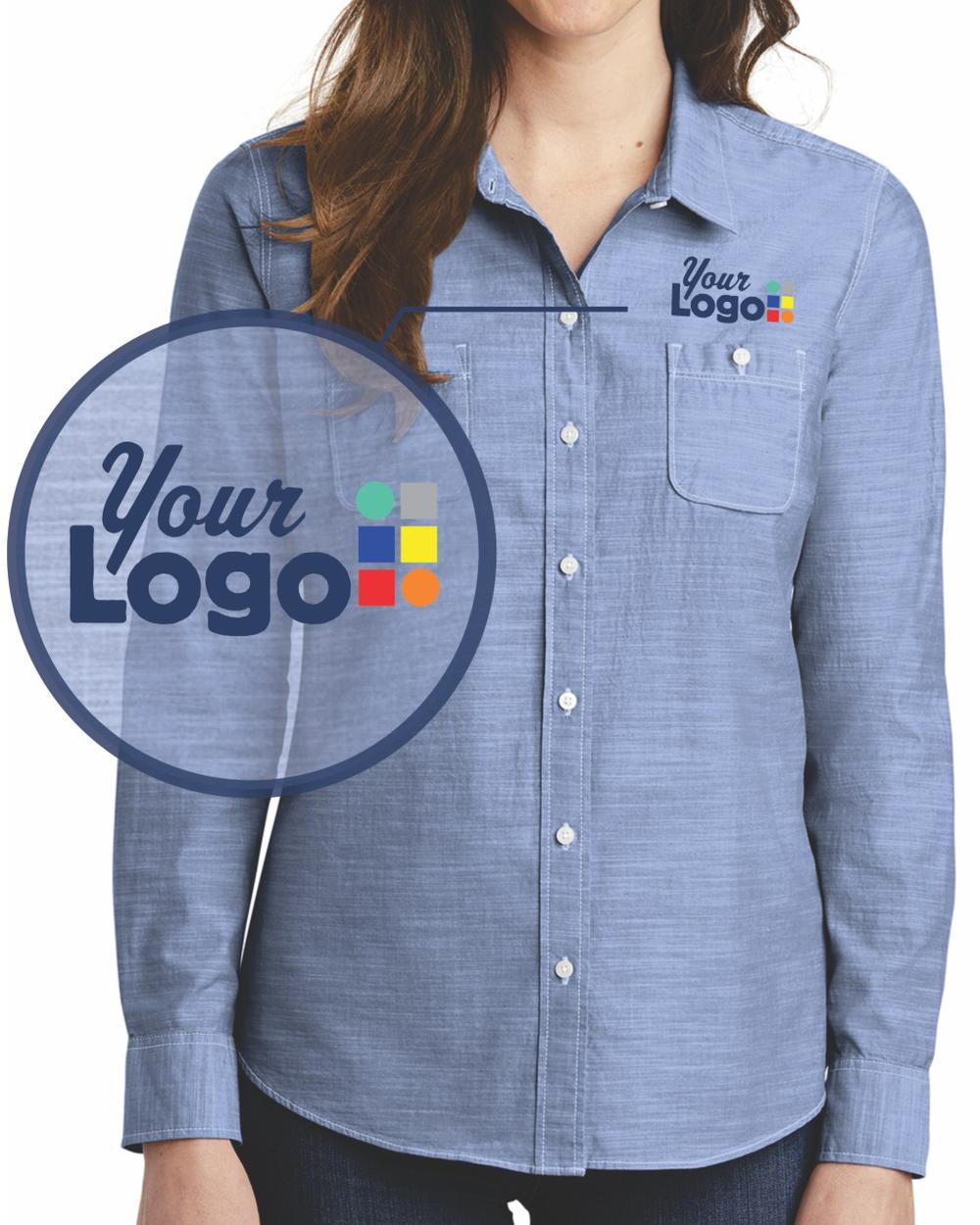 Port Authority Women's L/S Slub Champray Custom Shirt, color: Light Blue