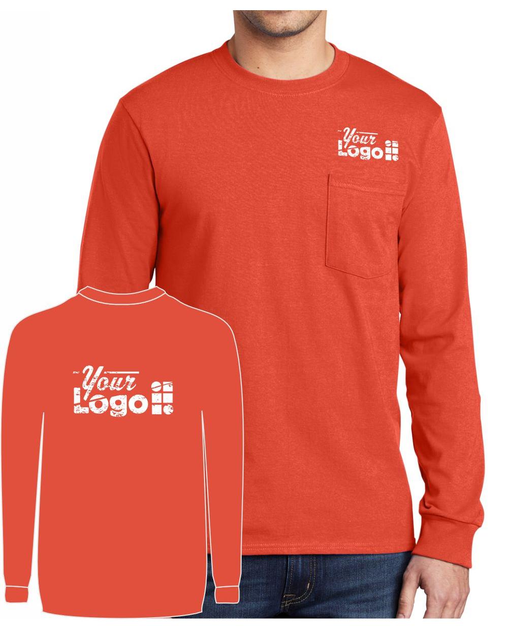 Port & Company L/S Cotton Pocket Custom T-Shirt, color: Orange