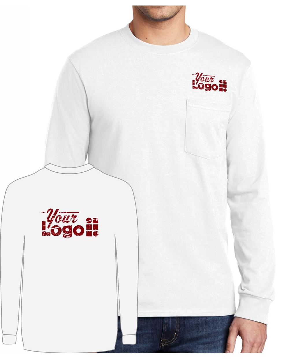 Port & Company L/S Cotton Pocket Custom T-Shirt, color: White