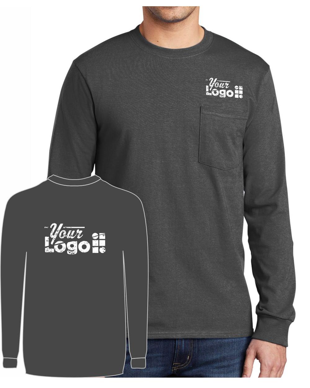 Port & Company L/S Cotton Pocket Custom T-Shirt, color: Charcoal