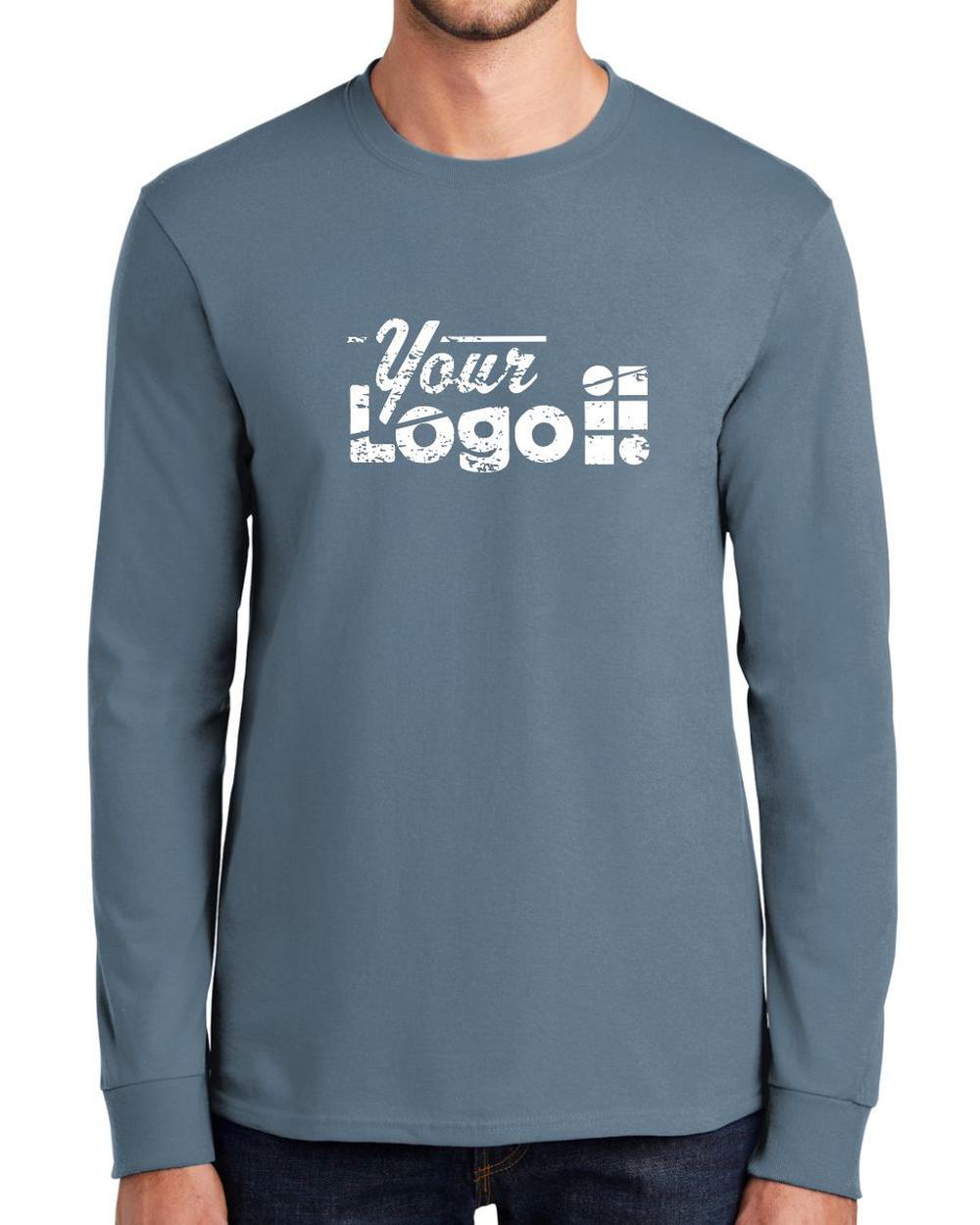 Port & Company L/S Essential Custom T-Shirt, color: Stonewashed Blue