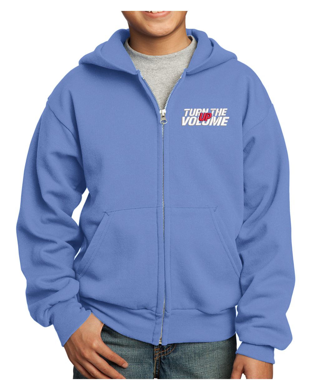 Port & Company Ultimate Full-Zip Turn The Volume Up Hoodie, color: Carolina Blue