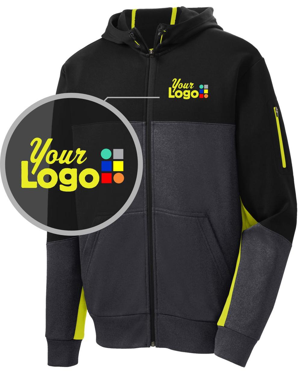 Sport-Tek Tech-Fleece ColorBlock Custom Hoodie, color: Black/Graphite Heather/Citron