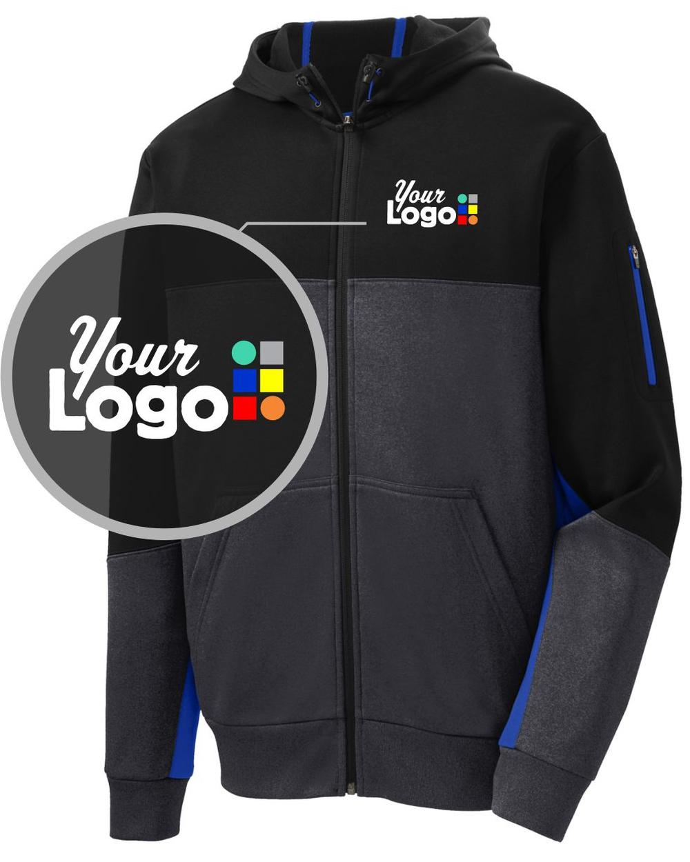Sport-Tek Tech-Fleece ColorBlock Custom Hoodie, color: Black/Graphite Heather/True Royal