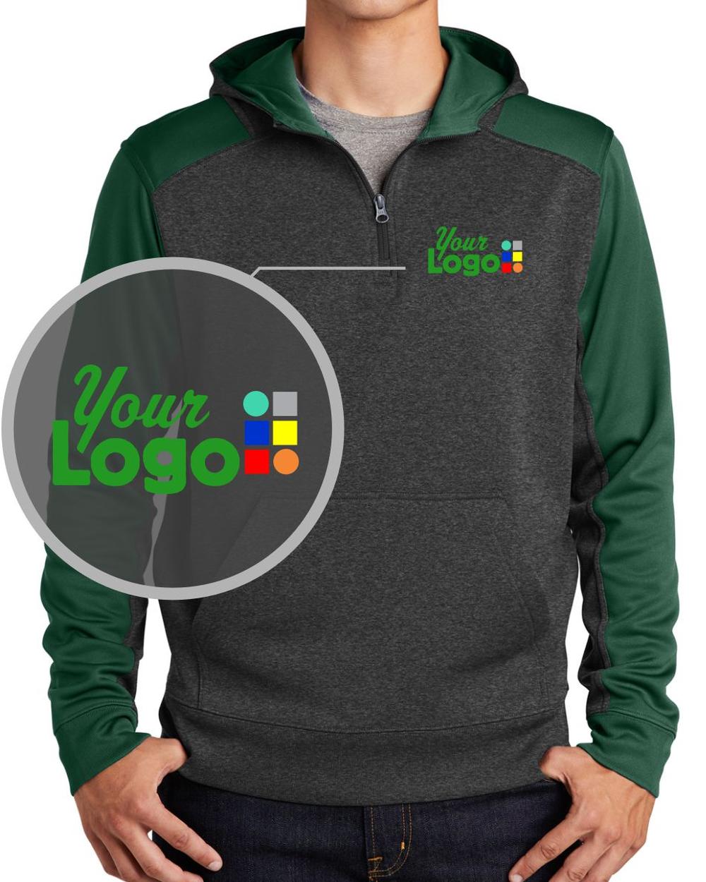 Sport-Tek Tech Fleece ColorBlock Custom Hoodie, color: Graphite Heather/Forest Green