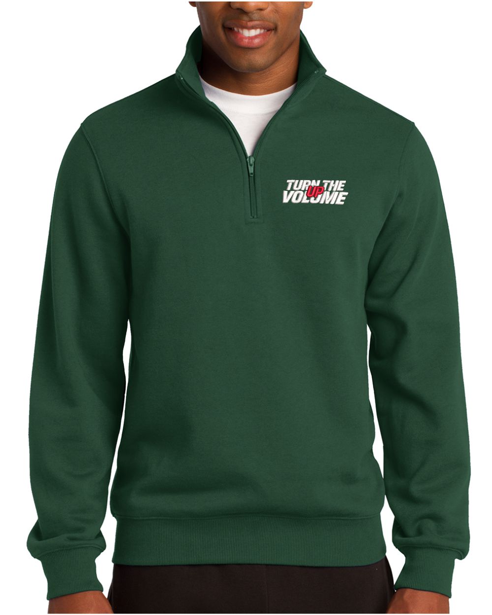 Sport-Tek 1/4 Zip Turn The Volume Up Sweatshirt, color: Forest Green