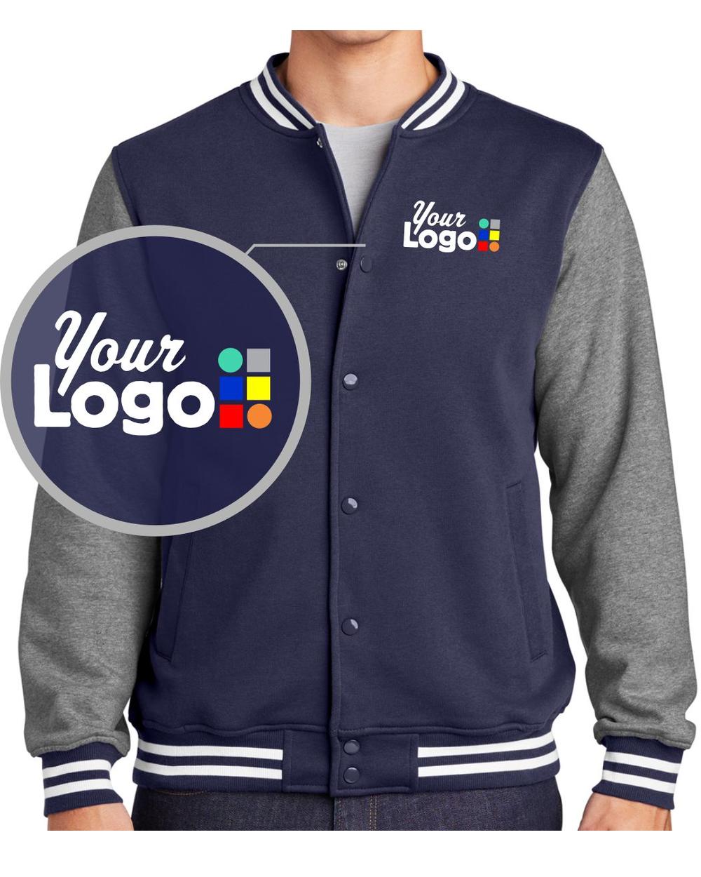 Men's Fleece Letterman Custom Jacket, color: True Navy/Vintage Heather