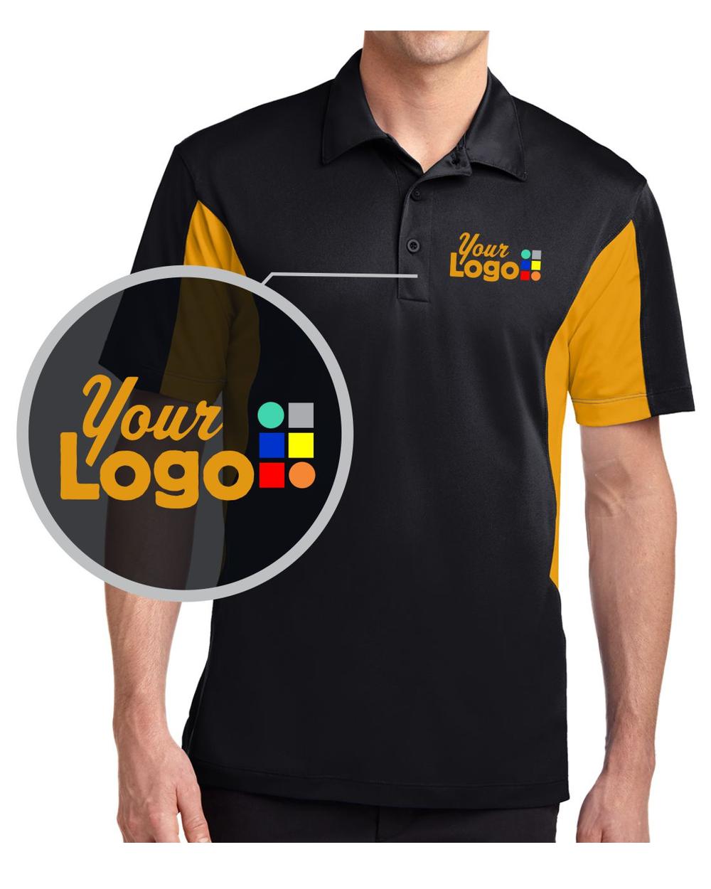 Sport-Tek S/S Side Blocked Micropique Wicking Custom Golf Shirt, color: Black/Gold