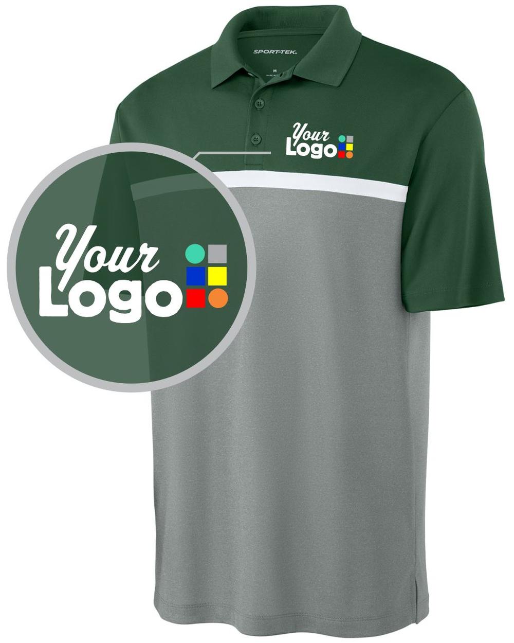 Sport-Tek S/S UV Micropique ColorBlock Custom Golf Shirt, color: Forest Green/Grey Concrete Heather/White