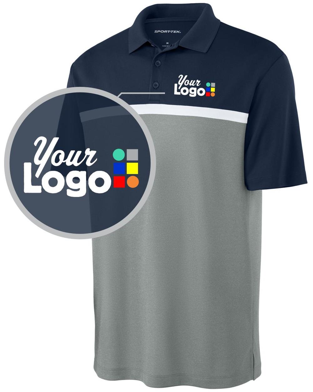 Sport-Tek S/S UV Micropique ColorBlock Custom Golf Shirt, color: True Navy/Grey Concrete Heather/White