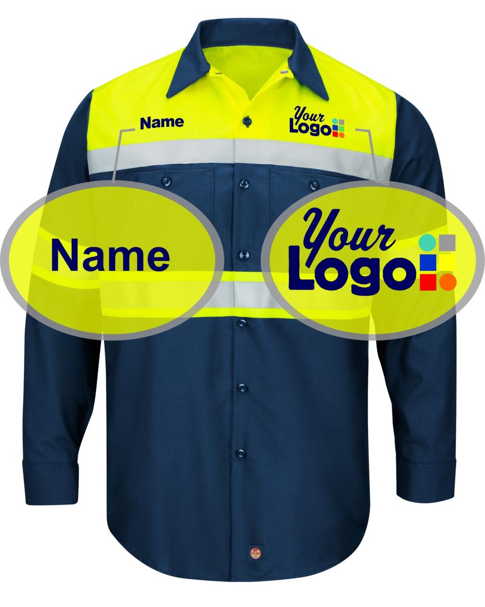 RedKap L/S Hi-Visibility ColorBlock Custom Work Shirt, color: Navy/Fluorescent Yellow