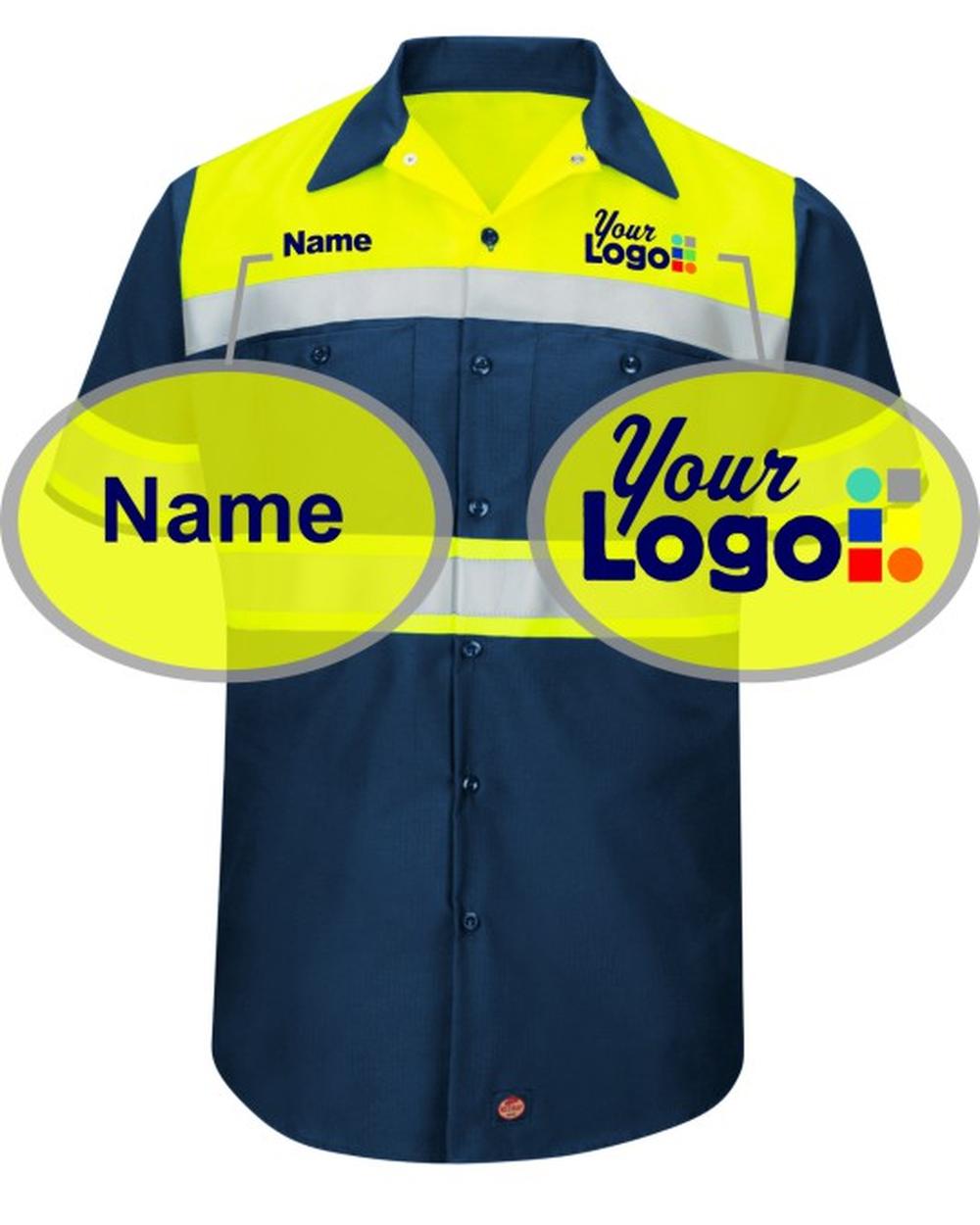 RedKap S/S Hi-Visibility ColorBlock Custom Work Shirt, color: Navy/Fluorescent Yellow